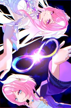 2girls amphoreus_(honkai:_star_rail) bare_shoulders blue_eyes breasts coat commentary_request cyrene_(aedes_elysiae)_(honkai:_star_rail) cyrene_(honkai:_star_rail) cyrene_(ripples_of_past_reverie)_(honkai:_star_rail) diamond-shaped_pupils diamond_(shape) dress dual_persona highres honkai:_star_rail honkai_(series) jewelry large_breasts long_hair mobius_strip multicolored_hair multiple_girls necklace pink_hair purple_coat purple_eyes short_hair small_breasts symbol-shaped_pupils t_ei_to two-tone_hair very_long_hair white_dress white_hair