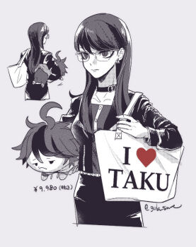 1girl character_doll choker closed_mouth commentary_request doll earrings fingernails glasses goku_suzume greyscale jacket jewelry long_hair long_sleeves monochrome open_clothes open_jacket partially_colored shizuhara_hiruko skirt solo sumino_takumi the_hundred_line_-last_defense_academy- twitter_username