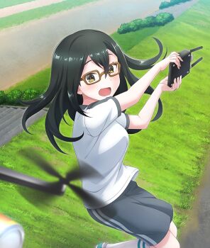 1girl :d black_hair blurry blurry_foreground blush breasts brown-framed_eyewear bush can controller day dot_nose double-parted_bangs drone from_above game_cg glasses grass grey_shorts holding holding_controller holding_remote_control jumping long_hair looking_at_viewer medium_breasts midair morishita_kihiro official_art open_mouth outdoors outstretched_arms propeller rectangular_eyewear remote_control shirt shoes short_sleeves shorts smile socks solo stairs stone_stairs t-shirt third-party_source toji_no_miko toji_no_miko:_kizamishi_issen_no_tomoshibi white_shirt white_shoes white_socks yellow_eyes