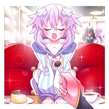 ! 4girls absurdres bare_shoulders black_hair blush choker closed_eyes coffee commentary d-pad d-pad_hair_ornament detached_sleeves drawstring dress elbow_gloves emblem english_commentary food frilled_shirt_collar frills gezelle_2045 gloves hair_ornament highres holding holding_spoon hood hoodie indoors long_hair multiple_girls neckerchief nepgear neptune_(neptunia) neptune_(series) noire_(neptunia) open_mouth pov pudding purple_eyes purple_hair sailor_collar sailor_dress short_hair sidelocks spoon uni_(neptunia) usb