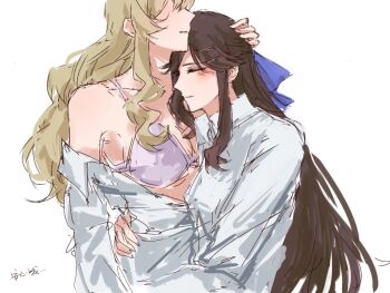 Rule 34 | 2girls, blonde hair, bra, brown hair, closed eyes, closed mouth, collared shirt, hair ribbon, hand on another's waist, long hair, multiple girls, nirvana (w688348960), off shoulder, parted lips, purple bra, purple ribbon, ribbon, saijou claudine, shirt, shoujo kageki revue starlight, simple background, sitting, sitting on lap, sitting on person, smile, tendou maya, underwear, white background, white shirt, yuri