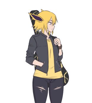 Rule 34 | 1girl, animal ears, black jacket, black pants, blonde hair, closed mouth, commentary, cowboy shot, english commentary, expressionless, gen 1 pokemon, guitar case, hand in pocket, instrument case, jacket, jolteon, kirby otaku, looking afar, nintendo, open clothes, open jacket, pants, personification, pokemon, punk, purple eyes, shirt, short hair, simple background, solo, torn clothes, torn pants, transparent background, yellow shirt