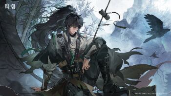 1boy arm_armor bird black_boots black_eyes black_hair black_pants boots character_name chinese_clothes closed_mouth crow english_text full_body green_ribbon hair_between_eyes hair_ribbon highres knee_up logo long_hair looking_at_viewer male_focus official_art pants ponytail qiuyuan_(wuthering_waves) revision ribbon shirt sitting solo white_shirt wuthering_waves
