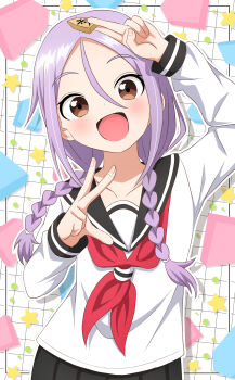 1girl absurdres black_sailor_collar black_skirt braid brown_eyes commentary_request highres holding_shogi_piece ishigakiseiya long_hair long_sleeves looking_at_viewer neckerchief open_mouth pleated_skirt purple_hair red_neckerchief sailor_collar school_uniform serafuku shirt skirt smile solo soredemo_ayumu_wa_yosetekuru twin_braids upper_body white_shirt winter_uniform yaotome_urushi