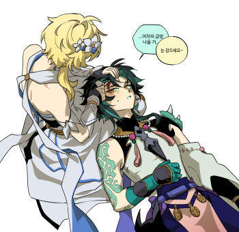 1boy 1girl absurdres arm_tattoo bad_tag bead_necklace beads black_hair blonde_hair blood blood_on_face commentary_request detached_sleeves facial_mark flower forehead_mark genshin_impact gloves green_hair hair_between_eyes hair_flower hair_ornament hetero highres injury isaraa_005 jewelry korean_commentary korean_text lap_pillow lumine_(genshin_impact) multicolored_hair necklace orange_eyes short_hair_with_long_locks simple_background single_detached_sleeve speech_bubble sweat tattoo translation_request white_background white_flower xiao_(genshin_impact)