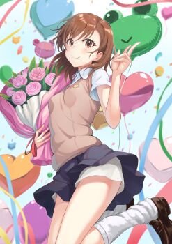 1girl asymmetrical_bangs balloon birthday bouquet breasts brown_eyes brown_hair brown_shoes brown_sweater_vest closed_mouth collared_shirt commentary confetti flower gekota grey_skirt hair_ornament hairpin hand_up heart_balloon highres holding holding_bouquet k3rd loafers looking_at_viewer loose_socks medium_hair miniskirt misaka_mikoto pleated_skirt pyonko school_emblem school_uniform shirt shoes short_sleeves shorts shorts_under_skirt simple_background skirt small_breasts smile socks solo summer_uniform sweater_vest toaru_kagaku_no_railgun toaru_majutsu_no_index tokiwadai_school_uniform v-neck w white_shirt white_socks