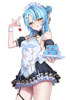 1girl :q apron aqua_hair arm_cuffs arm_up bare_shoulders black_dress blue_hair blue_streaks blush breasts cake cherry chinese_clothes clothing_cutout coco_(lu28_mi) collar cowboy_shot cutout_above_navel diamond-shaped_pupils diamond_(shape) double_bun dress food fork frilled_skirt frills from_below fruit hair_bun hair_ornament hairclip highres holding holding_cake holding_food holding_fork holding_plate looking_at_viewer maid maid_apron maid_headdress medium_breasts medium_hair multicolored_hair nijisanji parallel_hairclips plate qi_maid skirt sleeveless smile solo streaked_hair symbol-shaped_pupils tamanoi_nana tamanoi_nana_(maid) tassel thigh_strap tongue tongue_out virtual_youtuber white_apron white_background yellow_eyes