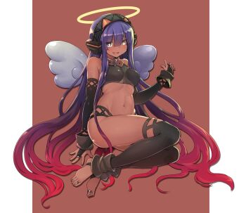 +_+ 1girl armpit_crease bare_shoulders barefoot belt_collar black_bridal_gauntlets breasts bridal_gauntlets brown_background brown_collar collar commentary_request dark-skinned_female dark_skin hairband halo highres itou_ryuusei jewelry looking_at_viewer navel open_mouth original purple_eyes purple_hair simple_background smile stirrup_legwear stomach toe_ring toeless_legwear wings