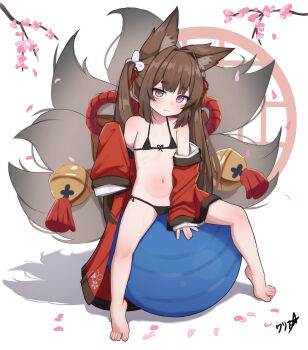 1girl absurdres amagi-chan_(azur_lane) animal_ears azur_lane ball barefoot bikini black_bikini boppin brown_hair cleft_of_venus closed_mouth exercise_ball flat_chest fox_ears fox_girl fox_tail highres japanese_clothes kimono kitsune kyuubi loli long_hair long_sleeves looking_at_viewer micro_bikini multiple_tails navel open_clothes purple_eyes pussy red_kimono side-tie_bikini_bottom sitting sleeves_past_fingers sleeves_past_wrists solo swimsuit tail toes twintails