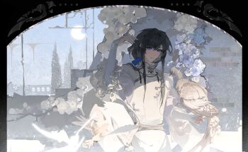 1boy absurdres arm_up bird bird_on_hand black_hair blue_bow blue_eyes bow chinese_commentary commentary_request crescent_moon flower frilled_sleeves frills grey_sash hair_bow highres jacket long_hair male_focus moon original peacock shirt sidelocks solo upper_body white_bird white_flower white_jacket white_shirt xixun