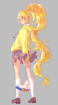ahoge back blonde_hair boots figure_skating figure_skating_dress hair_ornament highres hood hoodie hugtto!_precure ice_skates jj_(ssspulse) kagayaki_homare kneehighs loafers long_hair model ponytail precure school_uniform shoes side_ponytail skates skirt socks standing star_(symbol) yellow_hoodie