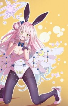 Rule 34 | 1girl, absurdres, animal ear hairband, animal ears, black hairband, black pantyhose, blue archive, breasts, capelet, cleavage, commentary request, fake animal ears, gloves, hair bun, hair ornament, hair scrunchie, hairband, halo, highres, kneeling, large breasts, leotard, low wings, matsumoto yutaka, mika (blue archive), pantyhose, playboy bunny, purple halo, purple scrunchie, rabbit ear hairband, rabbit ears, scrunchie, shoes, single side bun, solo, white capelet, white gloves, white leotard, white scrunchie, white shoes, white wings, wings, wrist scrunchie