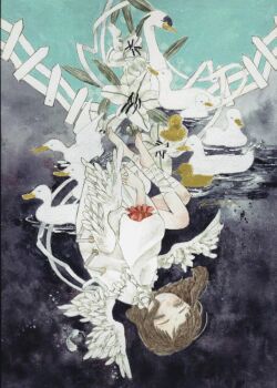1girl acrylic_paint_(medium) bird brown_hair commentary_request dress duck floating flower full_body karintoun medium_hair original painting_(medium) ribbon signature swan traditional_media upside-down water watercolor_(medium) white_dress wings