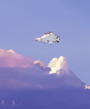 2boys 2girls aang appa avatar:_the_last_airbender avatar_legends bald brown_hair cloud flying highres katara long_hair multiple_boys multiple_girls ridicbird sokka toph_beifong