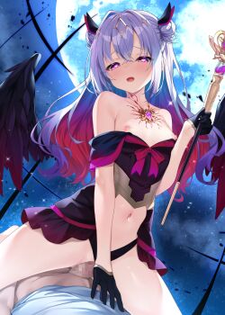 1boy 1girl alternate_costume amane_kanata bare_shoulders black_gloves black_panties blush breasts censored chest_jewel clothes_pull clothing_aside cowgirl_position crossed_bangs diffraction_spikes double_bun dress dress_pull feathered_wings gloves gradient_hair hair_between_eyes hair_bun hair_intakes hair_ornament half_gloves heart heart-shaped_pupils hetero highleg highleg_panties highres holding holding_wand hololive long_hair looking_at_viewer looking_down moon mosaic_censoring multicolored_hair navel night night_sky nipples off_shoulder open_mouth paid_reward_available panties panties_aside penis purple_eyes purple_hair raised_eyebrows sex shimo_(shimo332215) short_dress sidelocks sky small_breasts smile star_(sky) straddling symbol-shaped_pupils underwear vaginal virtual_youtuber wand wings