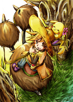 1girl androgynous atom_(@tom) atom_(artist) bad_id bad_pixiv_id blonde_hair blush brown_eyes doduo from_above gen_1_pokemon grass happy hat looking_up nintendo open_mouth pikachu poke_ball pokemon pokemon_(creature) pokemon_adventures reverse_trap short_hair smile straw_hat tree waist_poke_ball yellow_(pokemon)