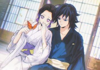 1boy 1girl architecture arm_around_shoulder black_hair black_kimono bug butterfly butterfly_hair_ornament butterfly_on_hand colored_tips commentary couple east_asian_architecture hair_ornament hand_to_own_mouth hetero highres insect japanese_clothes kimetsu_no_yaiba kimono kochou_shinobu multicolored_hair niku_(ni23ku) parted_bangs parted_lips purple_eyes purple_hair sidelocks tomioka_giyuu two-tone_hair updo upper_body white_kimono