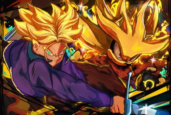 2boys 2kartz absurdres animal_ears animal_nose blonde_hair body_fur boots bracelet dragon_ball dragon_ball_super dragonball_z dynamic_pose furry furry_male gloves gold_bracelet green_eyes hedgehog_boy highres holding holding_sword holding_weapon jewelry multiple_boys muscular pants red_eyes short_hair short_tail silver_the_hedgehog sonic_(series) sonic_the_hedgehog_(2006) spiked_hair super_saiyan super_saiyan_1 super_silver sword tail telekinesis trunks_(dragon_ball) trunks_(future)_(dragon_ball) two-tone_fur weapon white_gloves yellow_fur