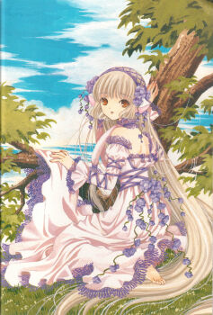00s 1girl bare_shoulders barefoot blonde_hair brown_eyes chii chobits clamp cloud day dress female_focus flower from_side grass hair_flower hair_ornament hair_tubes highres lace lace-trimmed_dress lace_trim long_dress long_hair long_sleeves looking_at_viewer outdoors parted_lips robot_ears scan scan_artifacts sitting sky solo tree very_long_hair