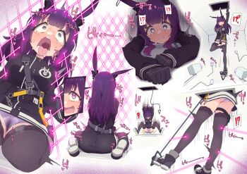 1girl absurdres arknights black_footwear black_jacket black_thighhighs blush cameltoe camera closed_mouth constricted_pupils female_orgasm highres hrgm jacket laser long_hair open_mouth orgasm panties purple_hair purple_panties pussy_juice rabbit_ears rope_(arknights) sequential shoes sitting skull_and_crossbones spontaneous_orgasm sweat tears thigh_strap thighhighs tongue tongue_out underwear uvula wariza wet wet_clothes wet_panties wide-eyed