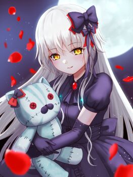 1girl alternate_costume ascot black_bow black_dress black_gloves blush bow brooch charlotta_skopovskaya commentary_request dress elbow_gloves full_moon gloves hair_between_eyes hair_bow heaven_burns_red highres holding holding_stuffed_toy hugging_object jewelry long_hair looking_at_viewer moon night parted_lips petals puffy_short_sleeves puffy_sleeves purple_dress purple_gloves ribbon rose_petals short_sleeves sky smile solo stuffed_animal stuffed_cat stuffed_toy sybilla_(batvb) teddy_bear very_long_hair white_hair yellow_eyes