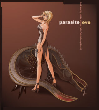 1girl alligator aya_brea blonde_hair blood blue_eyes breasts cleavage crocodilian dress female_focus gun hand_on_own_head handgun high_heels looking_back medium_breasts naska_chijoue parasite_eve_(series) parasite_eve_i pistol shoes short_hair solo standing torn_clothes weapon