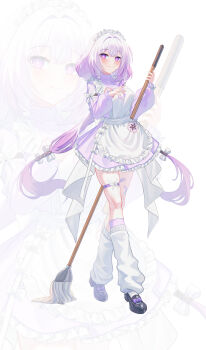 1girl absurdres alternate_costume apron black_shoes bow bright_pupils bug butterfly butterfly_on_hand castorice_(honkai:_star_rail) closed_mouth dress enmaided full_body hair_bow hands_up highres holding honkai:_star_rail honkai_(series) insect jersey_maid lala_2080 leg_warmers loafers long_hair long_sleeves looking_at_viewer low_twintails maid maid_apron maid_headdress purple_dress purple_eyes purple_hair shoes simple_background smile solo standing thigh_strap twintails unconventional_maid very_long_hair white_apron white_background white_bow white_leg_warmers white_pupils zoom_layer