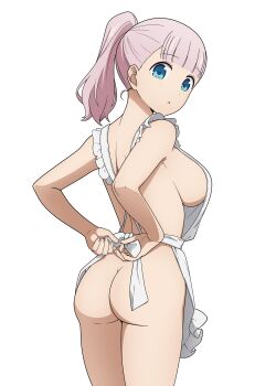 Rule 34 | 1girl, absurdres, apron, arms behind back, ass, blue eyes, breasts, coro fae, fujiwara chika, highres, kaguya-sama wa kokurasetai ~tensai-tachi no renai zunousen~, large breasts, looking at viewer, naked apron, no panties, pink hair, ponytail, sideboob, simple background, solo, tying apron, white background