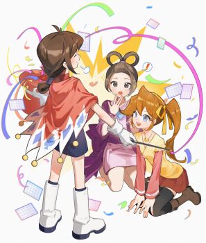 ! 3girls ace_attorney aged_down athena_cykes bead_necklace beads black_dress black_thighhighs blue_eyes blush boots brown_boots brown_eyes brown_hair cape card closed_eyes confetti crescent crescent_necklace dress floating_card full_body gloves hair_rings hat highres holding holding_unworn_clothes holding_unworn_hat holding_wand japanese_clothes jewelry kimono long_hair magatama magatama_necklace magic_trick medium_hair multiple_girls necklace obi orange_hair pearl_fey pink_kimono playing_card ponytail red_cape red_hat red_scarf red_skirt ribbon salted_whale sash scarf shirt side_ponytail sitting skirt smile sparkle spoken_exclamation_mark standing teeth thighhighs top_hat trucy_wright unworn_hat unworn_headwear upper_teeth_only wand wariza white_boots white_gloves yellow_ribbon yellow_shirt