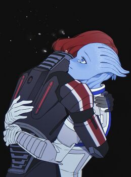 2girls alien armor asari_(mass_effect) black_background blue_eyes blue_skin colored_skin commander_shepard commander_shepard_(female) commentary english_commentary highres hug liara_t'soni mass_effect_(series) multiple_girls red_hair umiumi8 upper_body