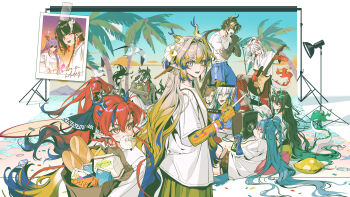 3boys 4girls absurdres alcohol amplifier aqua_hair arknights arm_tattoo backdrop bag bag_of_chips black_hair blonde_hair blue_eyes blue_hair blue_hands blue_horns blue_pants bottle braid braided_ponytail bread brother_and_sister brown_hair brown_horns brown_shirt brown_shorts cable chinese_commentary chongyue_(arknights) closed_eyes coconut coconut_cup colored_extremities commentary_request dragon_boy dragon_girl dragon_horns dragon_tail drawstring drinking_straw dusk_(arknights) earrings eastern_dragon_horns eastern_dragon_tail electric_guitar expressionless eyelashes eyeshadow fan_mu_zhang flower food food_in_mouth fruit_as_cup gold_earrings gradient_hair green_eyes green_hair green_hands green_horns grey_hair guitar hair_between_eyes hair_bun hair_flower hair_flowing_over hair_intakes hair_ornament hair_over_one_eye hair_spread_out hair_stick half_updo high_ponytail highres holding holding_bag holding_bottle holding_guitar holding_instrument holding_microphone holding_paper holding_stylus holding_tablet_pc horns instrument jewelry ji_(arknights) jie_(arknights) jun_(arknights) knee_up ling_(arknights) lollipop lollipop_in_mouth long_hair long_sleeves looking_to_the_side low_ponytail lying makeup microphone mouth_hold multicolored_eyes multicolored_hair multicolored_horns multiple_boys multiple_girls music nian_(arknights) on_side open_mouth pants paper paper_bag photo_(object) pillow pink_hair playing_guitar playing_instrument pointy_ears polaroid_photo ponytail red_eyes red_eyeshadow red_hair red_hands red_horns red_pants shirt short_shorts short_sleeves shorts shu_(arknights) siblings side_braids sidelocks singing single_hair_bun smile star_(symbol) star_print steamed_bun streaked_hair studio studio_lights stylus t-shirt tablet_pc tail tattoo teeth two-tone_eyes upper_teeth_only very_long_hair wang_(arknights) white_flower white_hair white_pants white_shirt yellow_hands yi_(arknights) yu_(arknights)