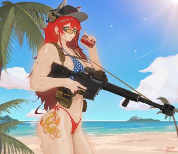 absurdres american_flag american_flag_bikini american_flag_print beach beowulf_(girls&#039;_frontline) bikini can cape cloud cloudy_sky flag_print flag_print_bikini from_side girls&#039;_frontline green_eyes headphones highres holding holding_weapon long_hair looking_at_viewer muscular muscular_female navel nishibuya ocean palm_tree print_bikini red_hair side-tie_bikini_bottom sky stomach swimsuit tree very_long_hair weapon
