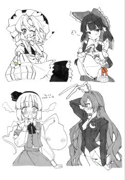 Rule 34 | 4girls, @ @, animal ears, apron, artist name, ascot, blush, bow, bowtie, box, box of chocolates, braid, cindy717, collared shirt, commentary request, crescent, crescent pin, crossed arms, dated, detached sleeves, embarrassed, frilled bow, frilled hair tubes, frills, greyscale, grin, hair bow, hair tubes, hakurei reimu, hat, head steam, highres, hitodama, holding, holding box, jacket, kirisame marisa, konpaku youmu, konpaku youmu (ghost), long hair, long sleeves, looking at viewer, monochrome, multiple girls, open mouth, pleated skirt, puff of air, rabbit ears, rabbit girl, reisen udongein inaba, ribbon-trimmed sleeves, ribbon trim, shirt, side braid, single braid, skirt, smile, spot color, touhou, valentine, very long hair, vest, waist apron, witch hat