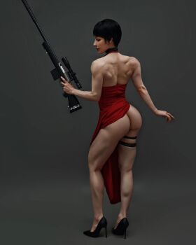 1girl ada_wong ada_wong_(cosplay) ass black_hair capcom chinese_(nationality) cosplay grey_background gun highres holding holding_weapon huge_ass looking_back model muscular muscular_female photo_(medium) real_life red_robe resident_evil resident_evil_2 rifle robe scope short_hair simple_background sniper_rifle suppressor thick_thighs thighs weapon yuan_herong