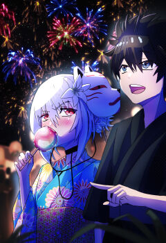 1boy 1girl absurdres accelerator_(toaru_majutsu_no_index) albino ambiguous_gender androgynous arm_at_side black_choker black_hair black_kimono blue_eyes blue_kimono blurry blurry_background blush candy_apple choker eating electrodes fingernails fireworks flat_chest floral_print flower food food_in_mouth fox_mask grass hair_flower hair_ornament hair_scrunchie hand_up highres holding holding_food japanese_clothes kamijou_touma kimono lily_(flower) long_sleeves looking_at_another looking_at_object mask night open_mouth pale_skin portrait print_kimono print_sash red_eyes scrunchie short_hair sidelocks smile spiked_hair standing summer_festival suzushina_yuriko teeth toaru_majutsu_no_index trebas upper_teeth_only white_hair