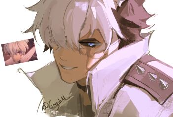 1boy absurdres accessories animal_ears black_eyes black_hair blue_pupils dog_boy dog_ears game_screenshot_inset gryphnzz hair_over_one_eye highres jacket komano_manato komano_manato_(white_heart_silhouette) looking_at_viewer male_focus multicolored_hair multiple_scars muscular muscular_male official_alternate_color official_alternate_eye_color official_alternate_hair_color scar scar_across_eye scar_on_face short_hair smile solo spiked_jacket teeth twitter_username white_background white_hair white_jacket zenless_zone_zero