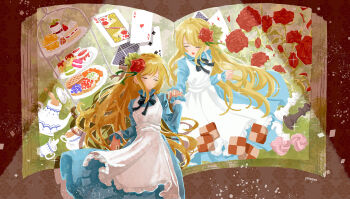 2girls absurdres ace_(playing_card) ace_of_hearts alice&#039;s_adventures_in_wonderland alice_(alice_in_wonderland) apron artist_name black_ribbon blonde_hair blue_dress book card chess_piece clone closed_eyes closed_mouth collared_dress commentary commentary_request cookie cup dot_mouth dress english_commentary five_of_spades floating_clothes floating_hair floral_background flower food four_of_diamonds hair_flower hair_ornament hand_up heart highres knight_(chess) long_hair long_sidelocks long_sleeves mixed-language_commentary multiple_girls neck_ribbon open_book open_mouth parted_bangs pastry picture_book plate playing_card queen_(chess) queen_(playing_card) queen_of_hearts_(playing_card) reaching reaching_towards_another red_background red_flower red_rose ribbon rose sidelocks sparkle spotlight standing surreal teacup teapot very_long_hair white_apron yanagima_yu03