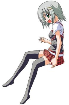 1girl aizawa_sakuya breasts camisole camisole_over_clothes green_eyes grey_hair hata_kenjirou hayate_no_gotoku! shirt short_hair simple_background sitting skirt t-shirt thighhighs thighs white_background zettai_ryouiki