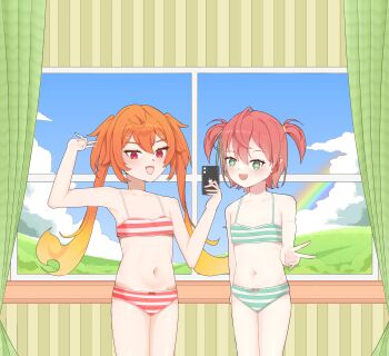 2girls absurdres belly blonde_hair bow bra breasts cloud cloudy_sky commission curtains enya_ignis flat_chest fuyo_cloverfield green_eyes highres chromashift indoors knee_up knees_up long_hair looking_at_viewer multicolored_hair multiple_girls navel open_mouth orange_hair panties rainbow red_eyes ribbon selfie short_hair sky small_breasts striped_bra striped_clothes striped_panties thighs underwear underwear_only v virtual_youtuber window