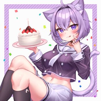 1girl :q absurdres ahoge animal_collar animal_ear_fluff animal_ears bad_id bad_twitter_id birthday_cake black_collar black_footwear black_hairband black_serafuku black_socks blush breasts buttons cake cat_ears cat_girl cat_tail collar collarbone commentary_request cowboy_shot crop_top deaver double-breasted food food_on_face food_print hair_between_eyes hairband highres holding holding_plate hololive kneehighs large_breasts long_sleeves looking_at_viewer midriff navel neckerchief nekomata_okayu nekomata_okayu_(school_uniform) onigiri_print plate purple_eyes purple_hair sailor_collar school_uniform serafuku short_hair shorts sidelocks sitting smile socks solo tail tongue tongue_out virtual_youtuber white_background white_neckerchief white_sailor_collar white_shorts