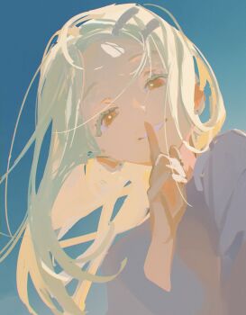 1girl blue_background colored_eyelashes commentary earrings finger_to_mouth floating_hair gakuen_idolmaster grey_robe grin hair_ornament hairclip hand_up highres idolmaster index_finger_raised jewelry limited_palette long_hair long_sleeves looking_at_viewer nininiwa2 open_mouth orange_eyes parallel_hairclips parted_bangs robe shinosawa_hiro shushing smile solo stud_earrings symbol-only_commentary wide_sleeves wind