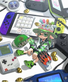 Rule 34 | 1girl, blunt bangs, cake hat, closed mouth, commentary request, controller, earrings, full body, game boy, game boy (original), game boy advance, game boy advance (original), game console, game controller, green eyes, green hair, green jacket, green shoes, grey jacket, handheld game console, highres, holding, holding weapon, inkling, inkling girl, inkling player character, jacket, jewelry, long hair, long sleeves, looking at viewer, miko (15476997), mini person, minigirl, multicolored jacket, nintendo, nintendo 3ds, nintendo switch, nintendo switch pro controller, pointy ears, range blaster (splatoon), shoes, sitting, smile, sneakers, solo, splatoon (series), splatoon 3, super nintendo, super nintendo controller, tentacle hair, weapon, wii u gamepad, zipper pull tab