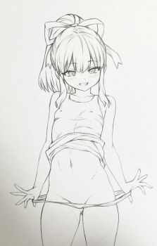 1girl alternate_costume bare_shoulders commentary_request eyelashes graphite_(medium) greyscale groin hair_ribbon high_ponytail highres mega_man_(classic) mega_man_(series) monochrome navel petite photo_(medium) ponytail pulling_own_clothes ribbon roll_(mega_man) seishun_dendeke smile solo standing traditional_media