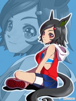 1girl animal_ears bandeau black_hair blue_bandeau blue_shorts blue_sports_bra breasts closed_mouth crossed_legs from_side hair_ornament hairclip highres hood hoodie horse_ears horse_girl horse_tail jacket low-cut_armhole medium_breasts red_eyes red_jacket shoes short_hair shorts shorts_under_shorts sitting sleeveless sleeveless_hoodie sleeveless_jacket smile sports_bra tail umamusume winning_ticket_(get_to_winning!)_(umamusume) winning_ticket_(umamusume) xavi_(xavier6083) zoom_layer