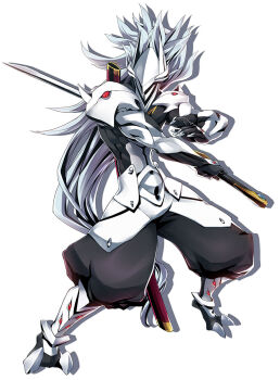 Rule 34 | 1boy, armor, black pants, blazblue, blazblue: central fiction, dustloop (site), fighting stance, full body, gloves, hakumen, highres, kakihara tetsuya, katana, katou yuuki, long hair, male focus, mask, official art, pants, shadow, silver hair, solo, standing, sword, voice actor connection, weapon, white armor, white background