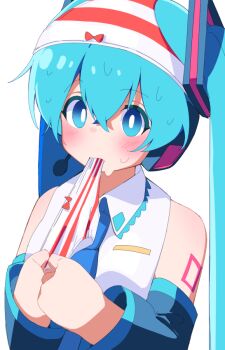 1girl blue_eyes blue_hair blush bright_pupils commentary detached_sleeves hatsune_miku holding holding_panties holding_underwear holding_unworn_clothes kannpoyu long_hair long_sleeves looking_at_viewer mouth_hold object_on_head panties panties_in_mouth panties_on_head shirt sleeveless sleeveless_shirt solo striped_clothes striped_panties sweat twintails underwear upper_body vocaloid white_pupils white_shirt