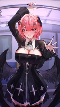 1girl absurdres black_bow black_dress black_shrug black_wings blush bow breasts chest_belt cleavage commentary_request dress hair_bow hair_ornament hand_grip highres holding_hand_grip large_breasts looking_at_viewer low_wings medium_hair pink_eyes pink_hair pointy_ears purple_eyes remielle_dan shrug_(clothing) smile solo thighhighs train train_interior wings wolf_cut yuseiryao zenless_zone_zero