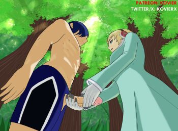 1boy 1girl 2025 aigis_(persona) android animated animated_gif blonde_hair clothed_sex double_handjob dress gloves gown handjob kovier large_penis looking_at_penis patreon patreon_username penis persona persona_3 shirtless_male short_hair twitter twitter_username watermark yuuki_makoto_(persona_3)