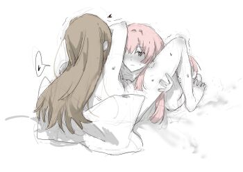 2girls bang_dream! bang_dream!_it&#039;s_mygo!!!!! bite_mark bite_mark_on_leg bite_mark_on_thigh brown_hair chihaya_anon expressionless head_on_pillow heart highres implied_cunnilingus lying multiple_girls nagasaki_soyo nude on_back pillow pink_hair pussy rukamikusuki simple_background sketch spoken_heart trembling white_background yuri