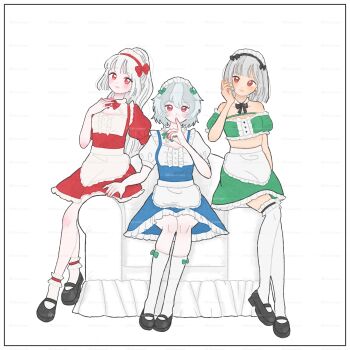 Rule 34 | 3girls, alternate costume, apron, black bow, black bowtie, black shoes, blue dress, bow, bowtie, braid, closed mouth, commentary request, couch, detached collar, dress, enmaided, frilled dress, frilled skirt, frills, fujiwara no mokou, full body, green bow, green bowtie, green skirt, grey hair, hair bow, hakunemui, highres, izayoi sakuya, kneehighs, konpaku youmu, long hair, looking at viewer, maid, maid headdress, multiple girls, on couch, ponytail, red bow, red bowtie, red dress, red eyes, shoes, sitting, skirt, smile, socks, thighhighs, touhou, twin braids, twitter username, very long hair, waist apron, watermark, white apron, white socks, white thighhighs